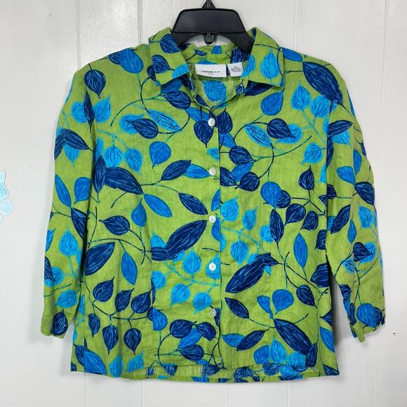 Parisian Works Womens Button Up Blouse Size Petite Medium Green Blue 100% Linen - Picture 1 of 12